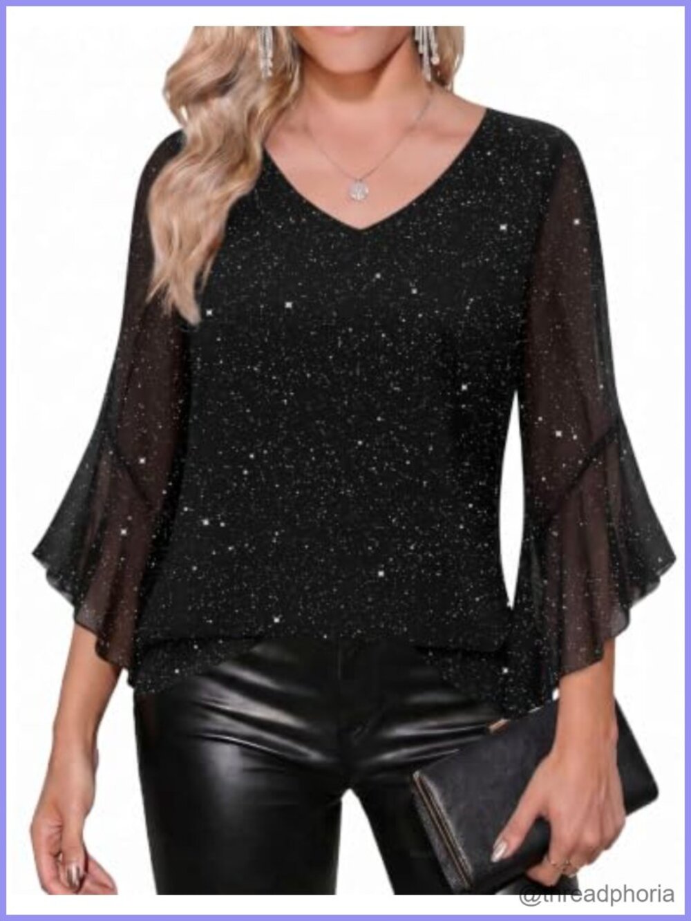Women's Ruffle 3/4 Sleeve Sequin V-Neck Mesh Tunic Blouse